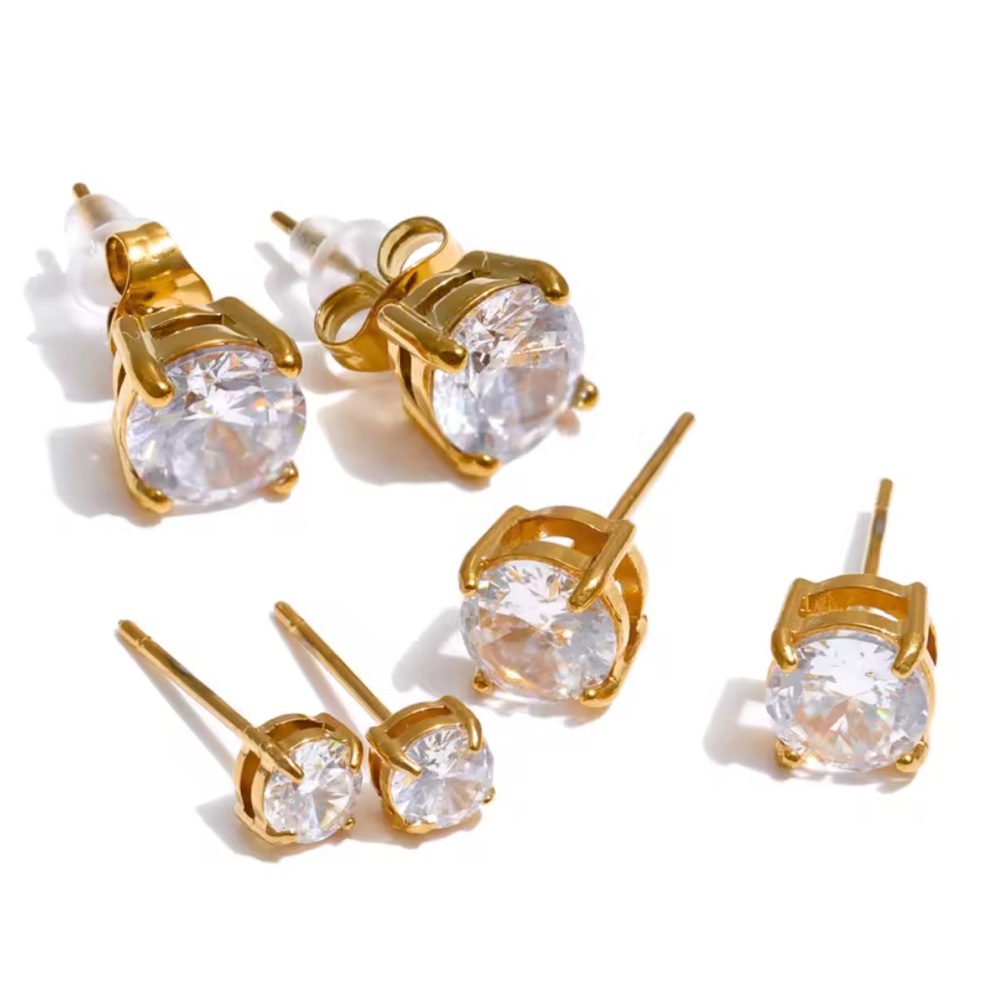 Set of Gold Tone AAA Cubic Zirconia Stud Earrings (3 Pairs total)